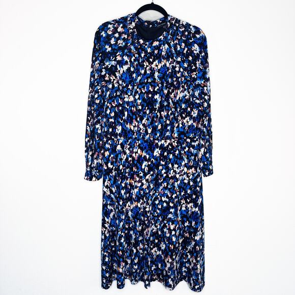 Maggy London Raglan Long Sleeve Crew Neck Blue Speckled Print Blouson Midi Dress - Picture 14 of 14
